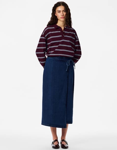 Pieces Denim skirt in dark blue denim