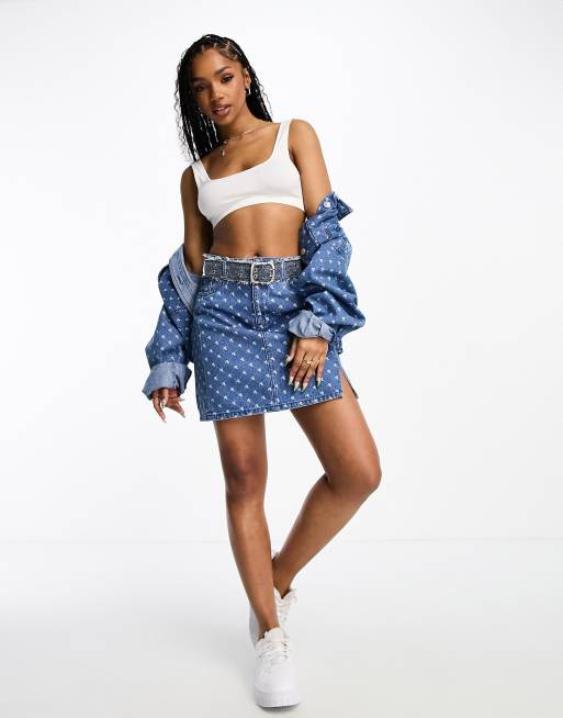 Pieces denim slit mini skirt co ord in blue monogram ASOS