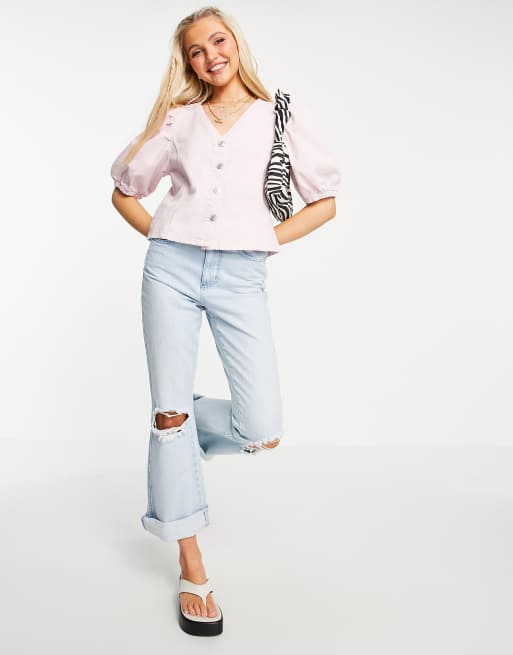 Pieces - Denim top van katoen met pofmouwtje in lila - PURPLE