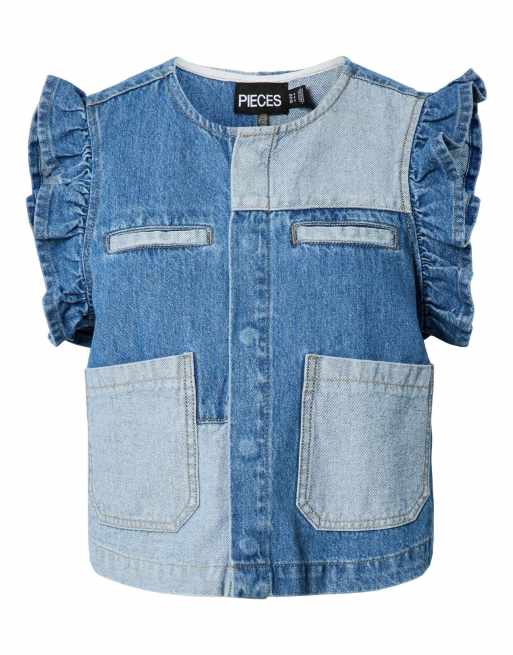 Pieces Denim vest in medium blue denim, 6 of 7