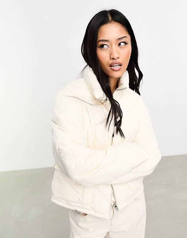 Pieces - diagnoal quilted padded jacket in white