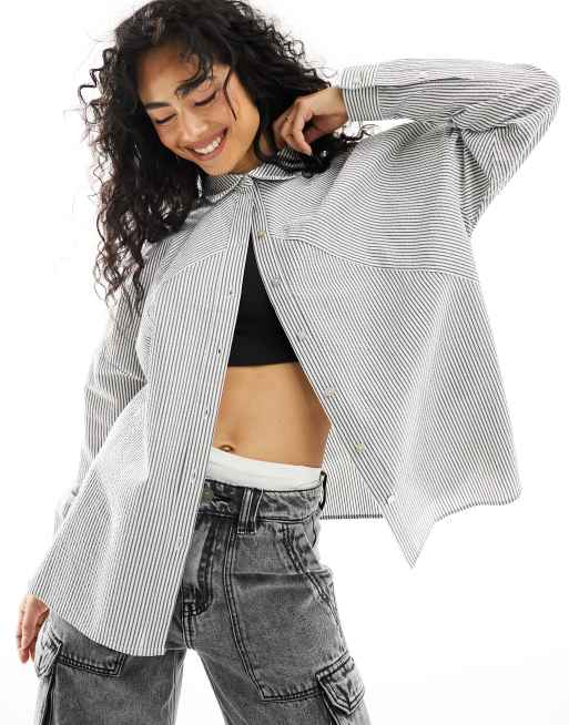 Pieces diagonal pinstripe shirt in navy & cream