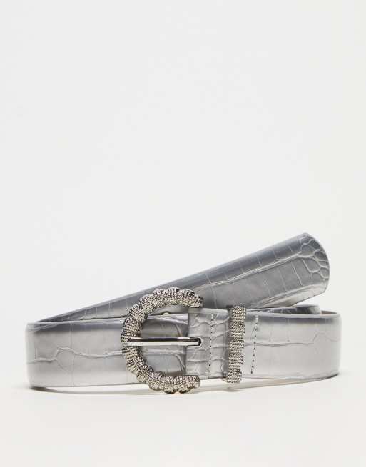 Pieces diamante buckle belt in silver croc