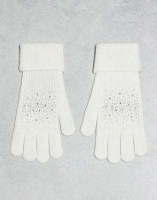 Pieces diamante detail gloves in white
