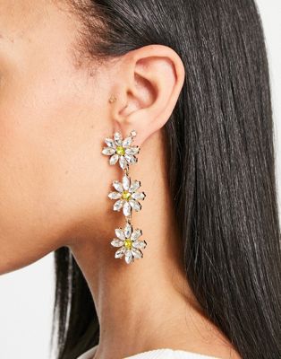 Pieces diamante floral drop earrings in gold