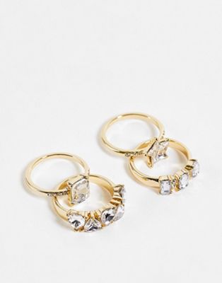 Pieces diamante mixed stack rings in gold