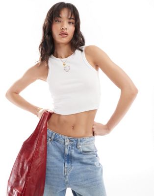 Pieces diamonte hotfix starwberry cropped racer neck top in white
