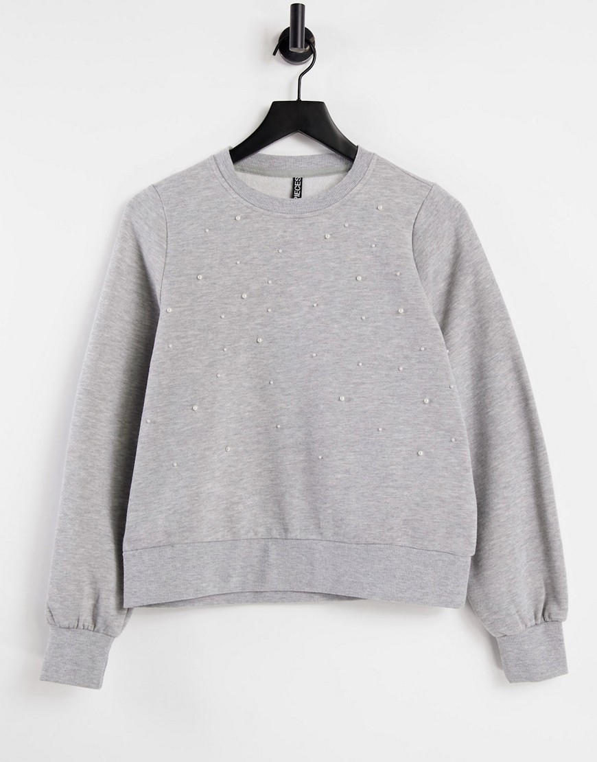 Pieces dibba long sleeve pearl sweatshirt in light gray melange-Grey