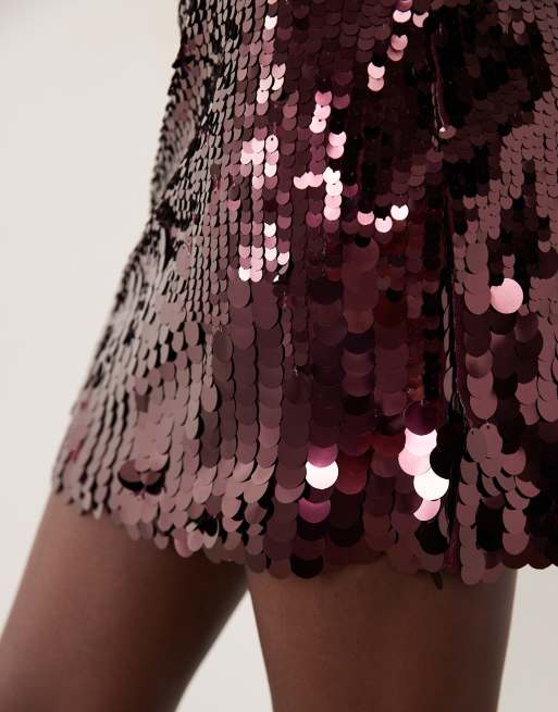 Pieces disc sequin mini skirt in burgundy, 2 of 5