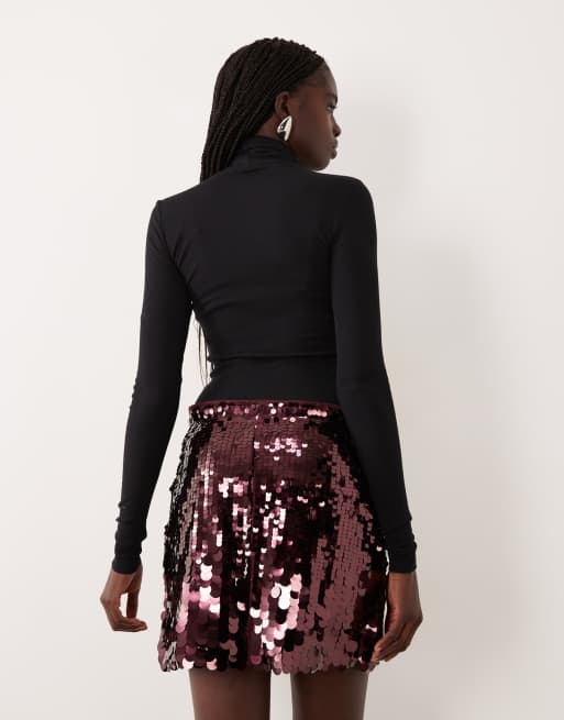 Pieces disc sequin mini skirt in burgundy, 3 of 5
