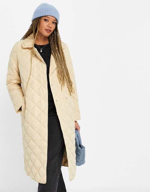 Vormen beha Wegversperring Pieces - Doorgestikte lange jas in beige | ASOS