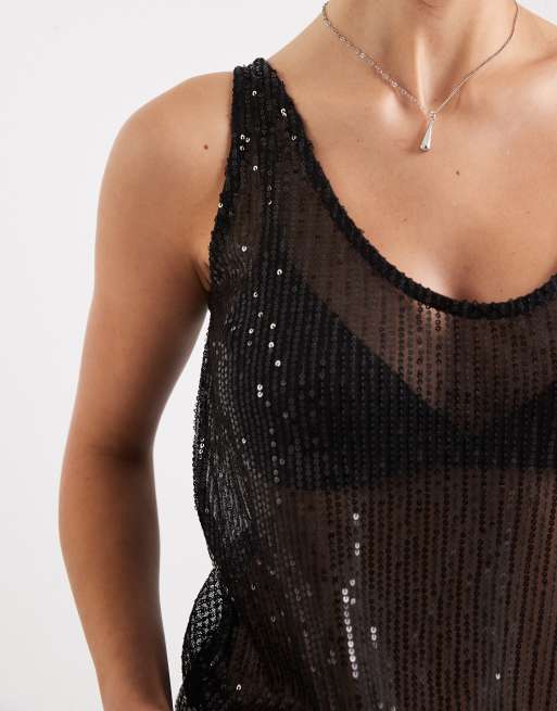 Pieces - Doorschijnende camitop met lovertjes in zwart, 2 van 4