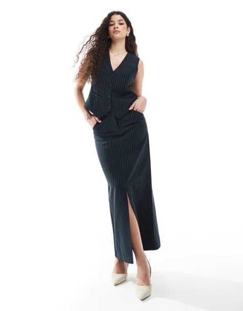 Pieces – Dopasowana granatowa spódnica maxi w prążki, część zestawu - view 1
