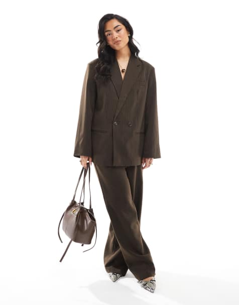 Pieces wide leg tailored trousers co-ord in chocolate brown pinstripe