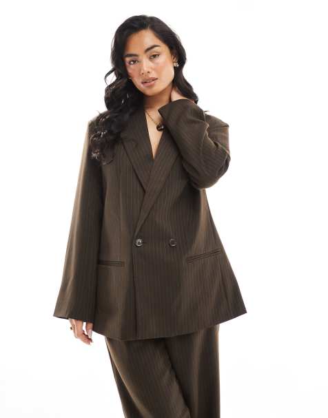 Pieces double breasted tailored blazer co-ord in chocolate brown pinstripe  - view 1