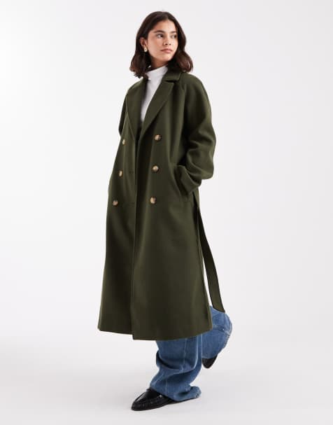 Pieces double breasted wool look coat in dark khaki - view 1