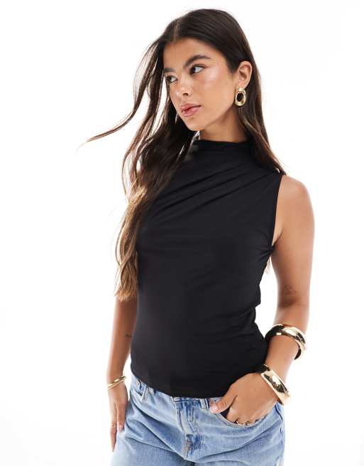 Pieces drape neck sleeveless top in black