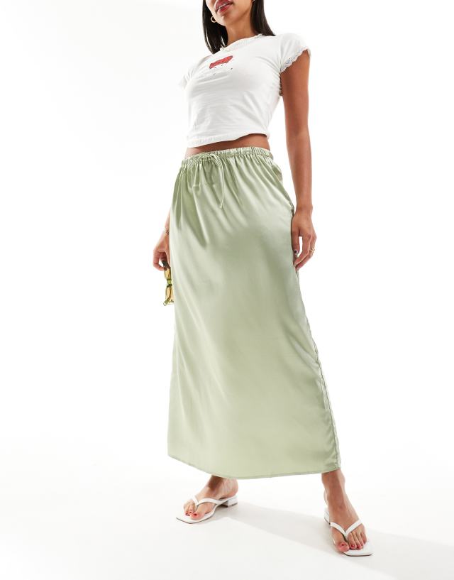 Pieces - drawstring satin midi skirt in tea green