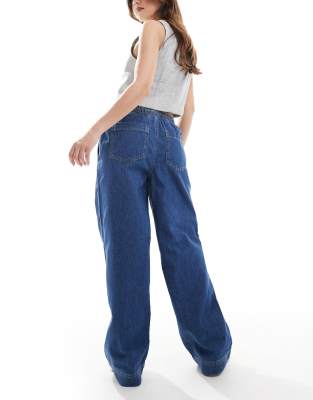 Pieces Drawstring Waist Wide Leg Jeans In Navy