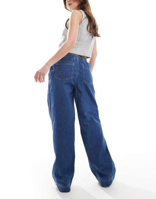 Pieces drawstring waist wide leg jeans in dark blue denim wash