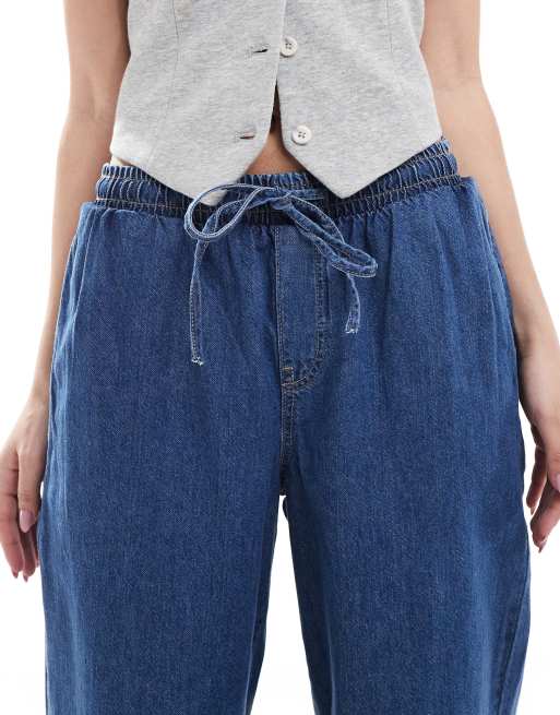 Pieces drawstring waist wide leg jeans in dark blue denim wash