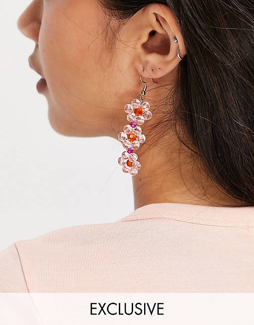 Pieces exclusive drop beaded flower earrings in multi