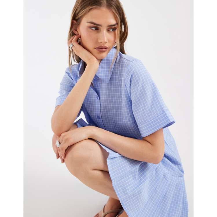 Pieces drop waist pleated mini shirt dress in blue and white gingham | ASOS