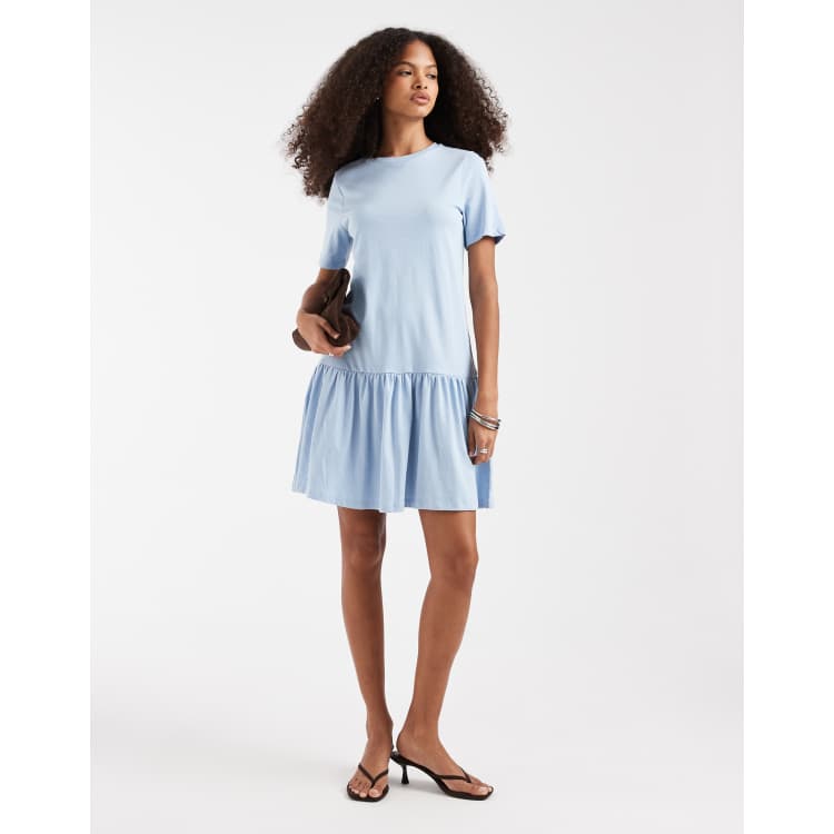 PIECES drop waist short sleeve mini dress in pale blue | ASOS
