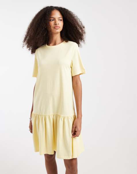 Pieces drop waist short sleeve mini dress in pale yellow - view 1