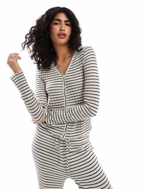 Pieces long sleeved jersey cardigan co-ord in mono stripe