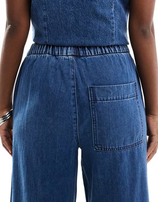 Pieces elastic waist wide leg jeans in medium blue wash | ASOS