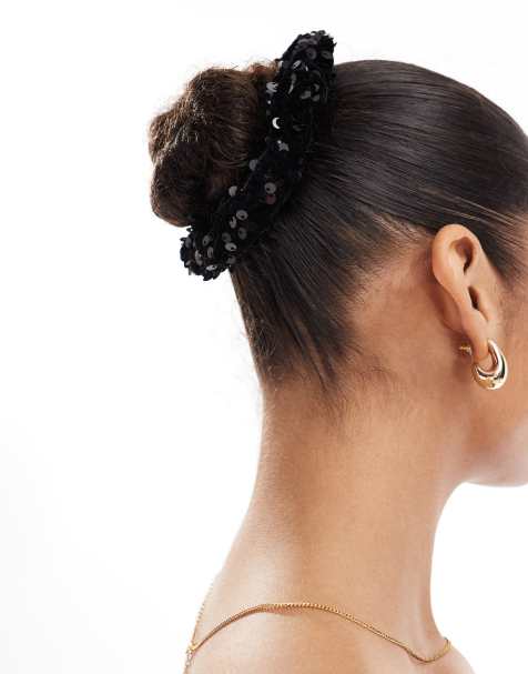 Pieces - Elastico per capelli XL nero in velour con paillettes - view 1