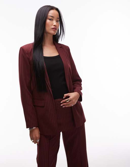 Pieces - Elegante blazer met krijtstreep in bordeauxrood, deel van co-ord set