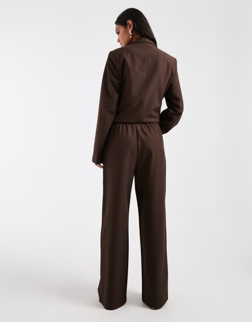 Pieces - Elegante broek met wijde pijpen en gestrikte taille in chocoladebruin, deel van co-ord set, 5 van 5