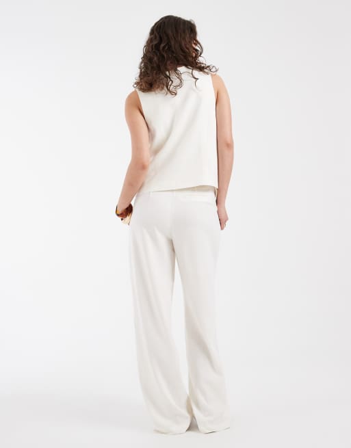 Pieces - Elegante broek van linnenmix met wijde pijpen in wit, deel van co-ord set, 3 van 5