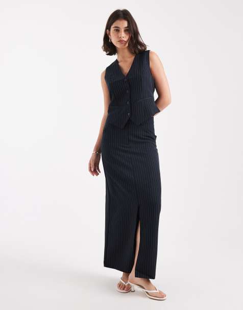 Pieces - Elegante maxirok in marineblauw met krijtstreep, deel van co-ord set - view 1