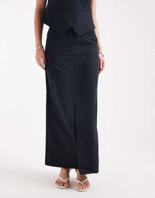 Pieces - Elegante maxirok in marineblauw met krijtstreep, deel van co-ord set, 4 van 5
