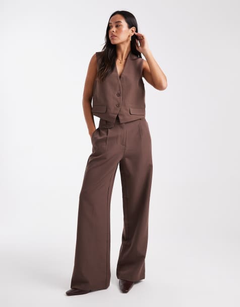 Pieces – Elegante Multiway-Hose in Schokobraun mit Knopf am Bein, Kombiteil - view 1