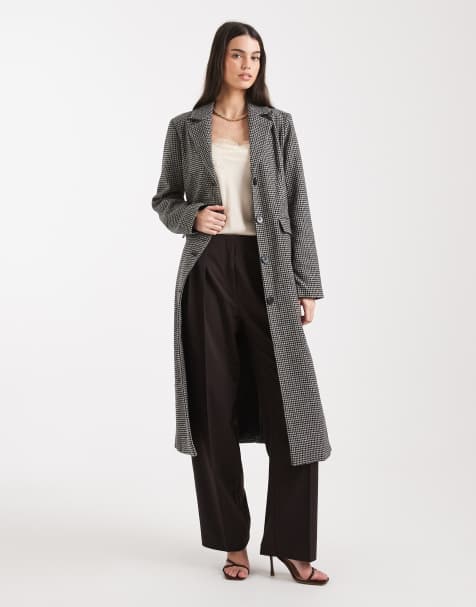 Pieces – Eleganter, karierter Maxi-Mantel in Schwarz und Braun - view 1