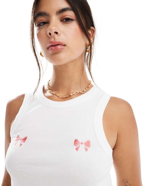Pieces embroidered bow front racer neck vest top in white - view 1
