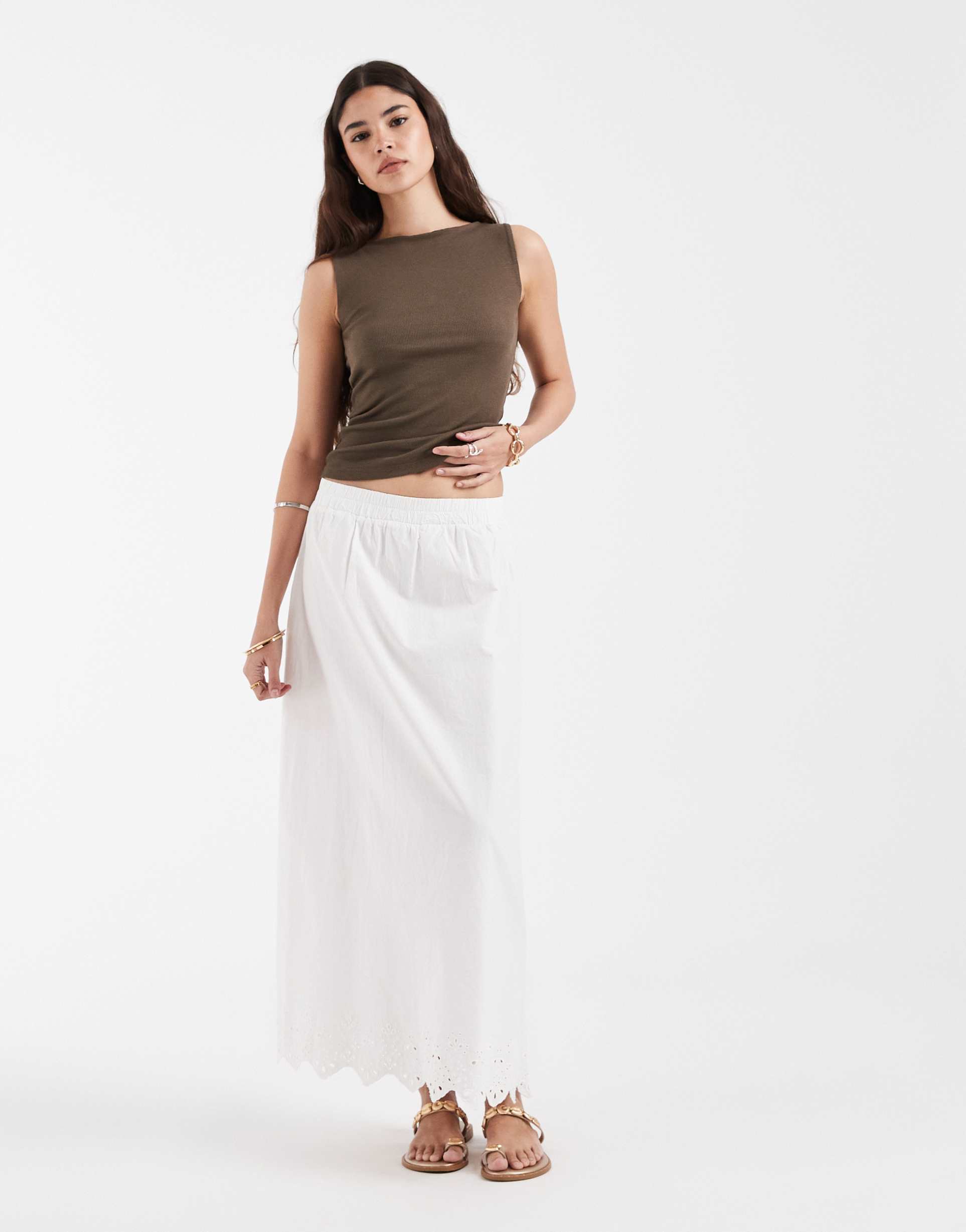 pieces embroidered hem cotton boho maxi skirt in white