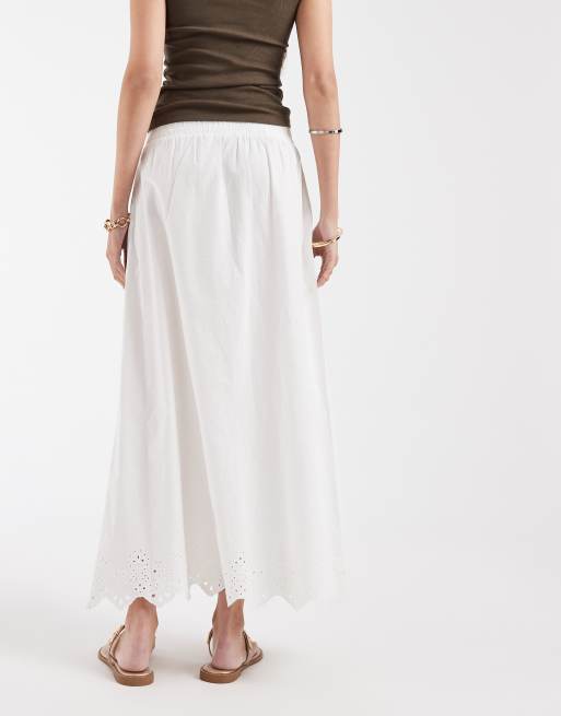 Pieces embroidered hem cotton boho maxi skirt in white, 5 of 5