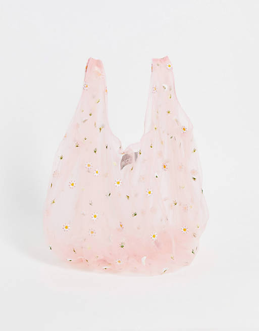 Pieces embroidered shopper bag in pink floral