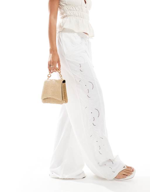 Pieces embroidered wide leg pants in white, 2 of 5
