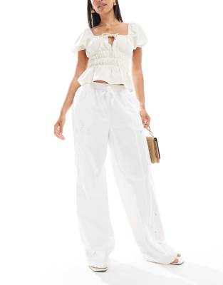Pieces embroidered wide leg trousers in white