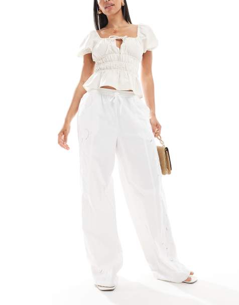 Pieces embroidered wide leg trousers in white - view 1
