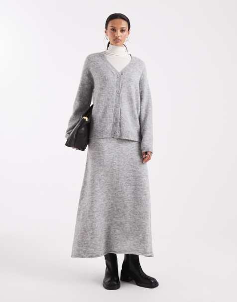 Pieces - Ensemble gilet ample à col V en maille duveteuse et jupe mi-longue - Gris moyen chiné - view 1