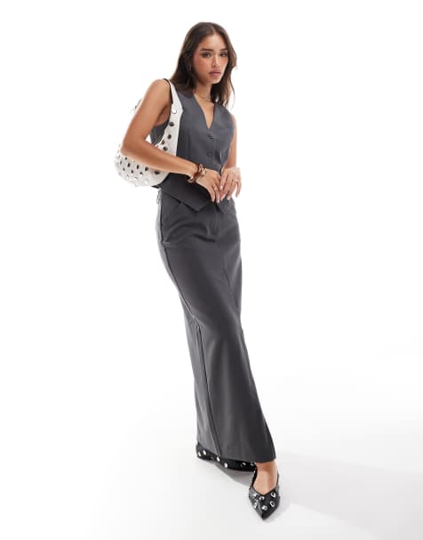 Pieces - Ensemble jupe longue ajustée fendue devant et gilet de costume - Gris aimant - view 1