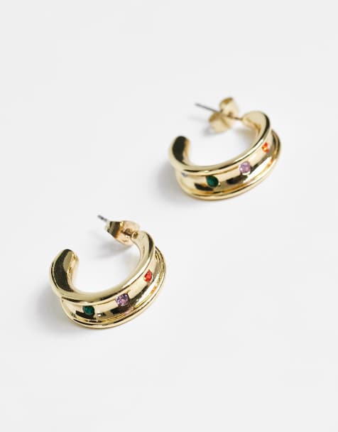 Pieces exclusive 18k plated chunky hoop with rainbow stones in gold - view 1