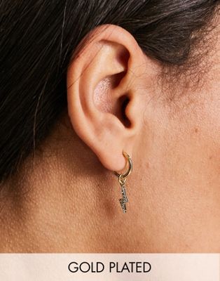 Exclusive 18k plated hoop earrings with lightning bolt drop in gold